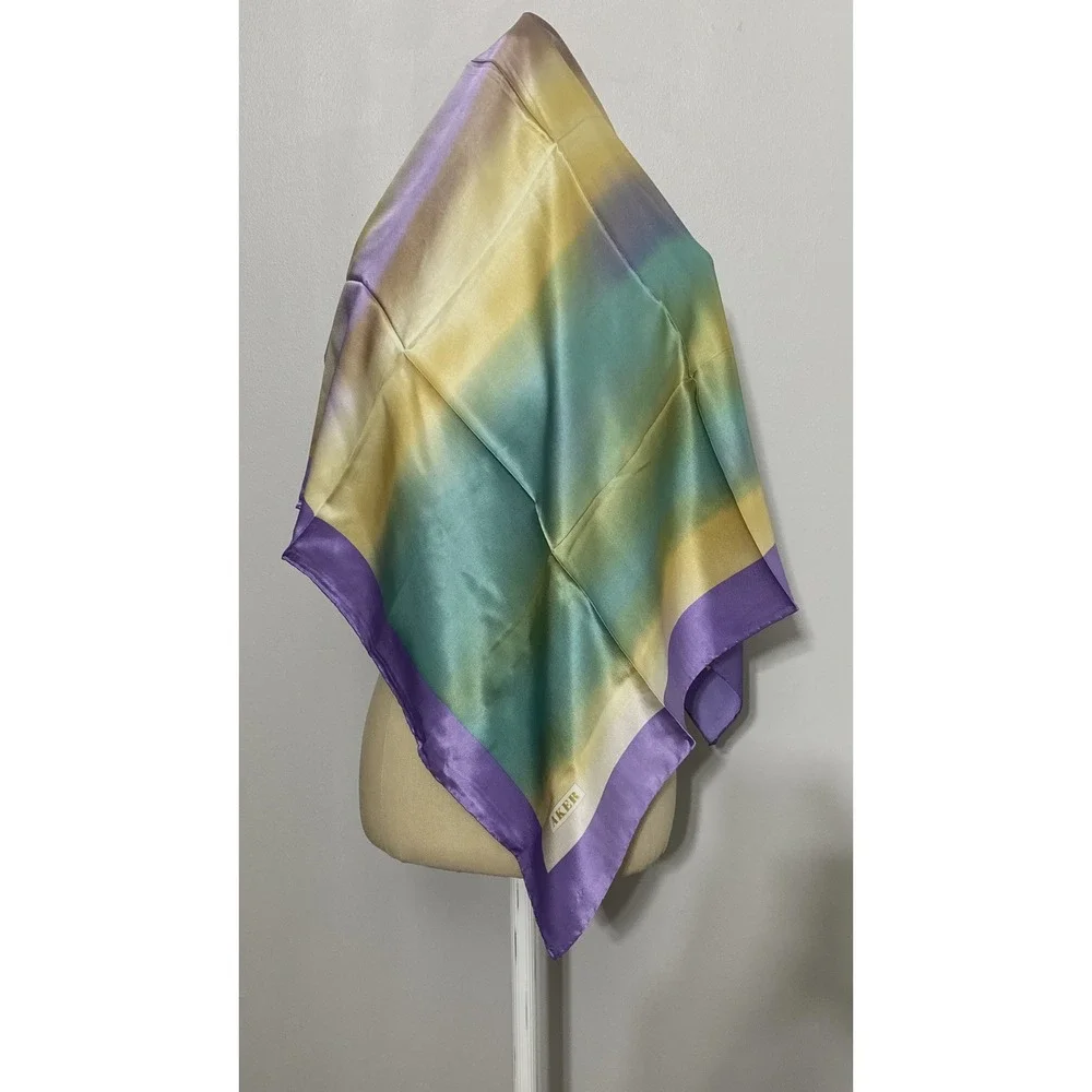 AKER Vtg 100% Pure Silk Scarf Hand Rolled Hem Vibrant Diagonal Gradient Colors
